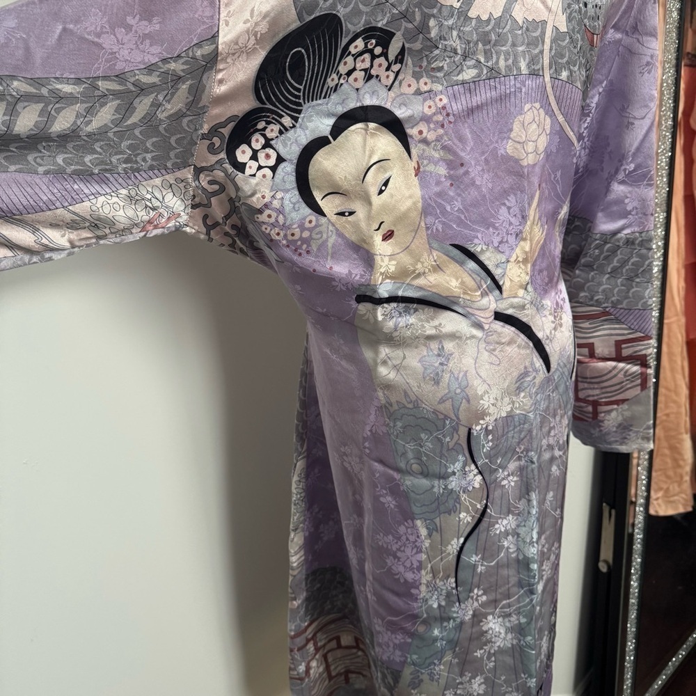 Vintage 100% Silk Kimono Robe Duster w Print japanese dragon geisha XL lavender - Picture 13 of 15
